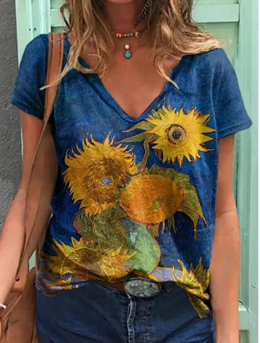 Van Gogh Sunflowers Art Print V-Neck T-Shirt