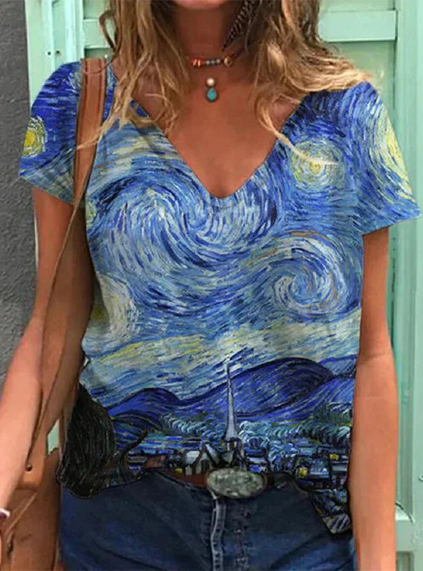 Van Gogh Geïnspireerde Abstracte Swirl Print Blouse