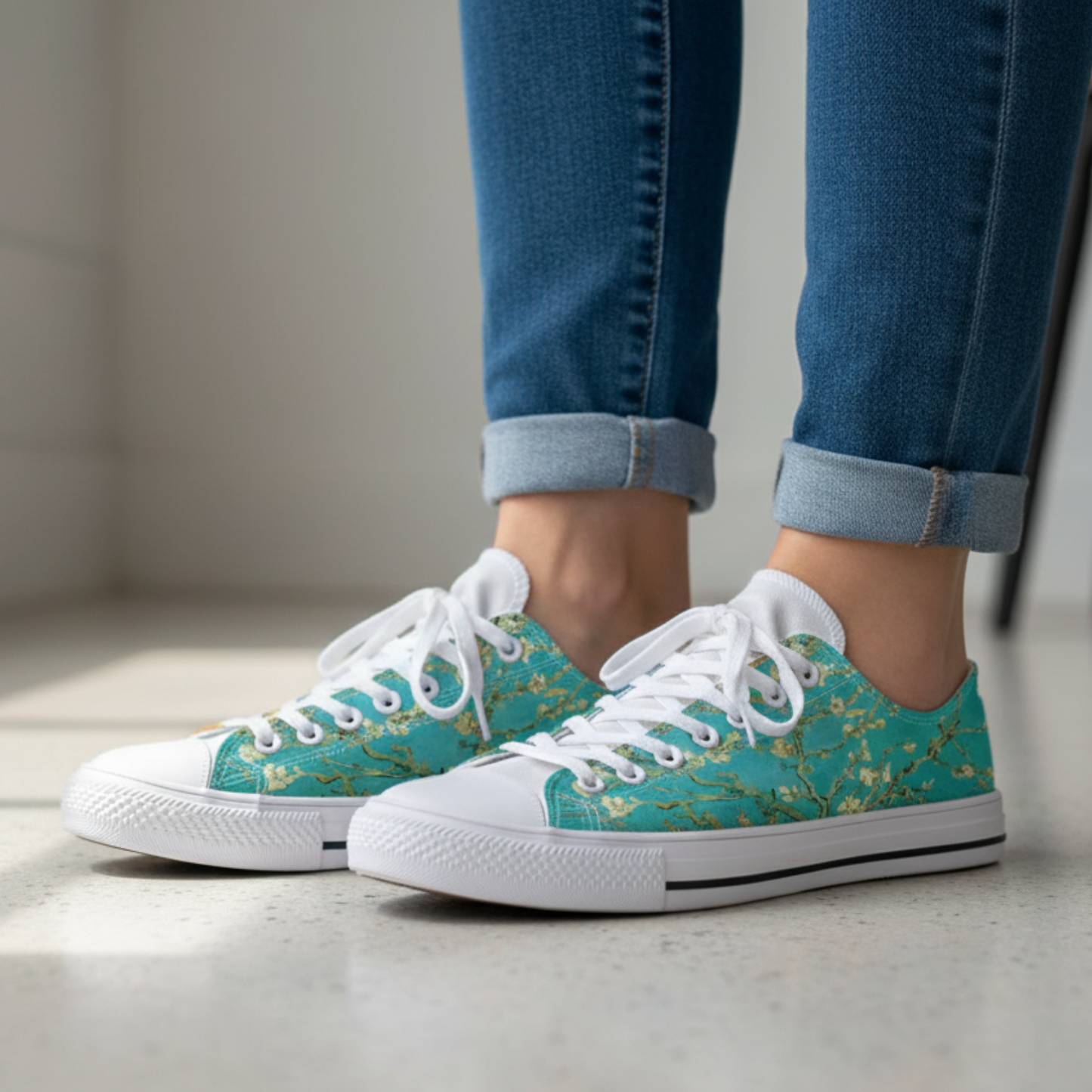 Turquoise Bloemenkunst Print Casual Sneakers