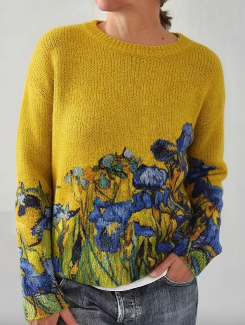 Maglione Stampa Floreale Blu Stile Van Gogh