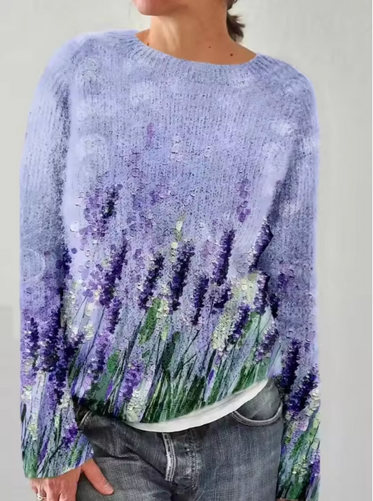 Soft Lilac Pullover with Artistic Floral Print