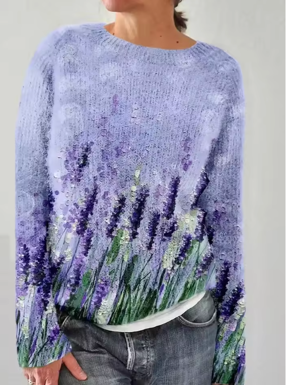 Pullover Lilla Morbido con Stampa Floreale Artistica